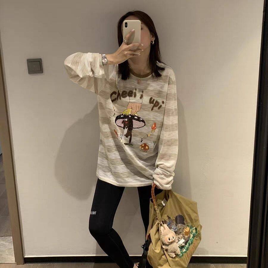设计感小众圆领长袖卡通印花t恤女宽松轻薄防晒罩衫百搭体恤大码