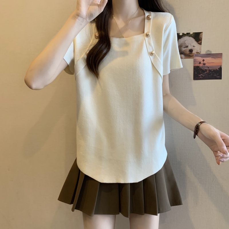 中长款方领冰丝短袖t恤女夏季大码胖mm300斤宽松遮肚纽扣洋气上衣