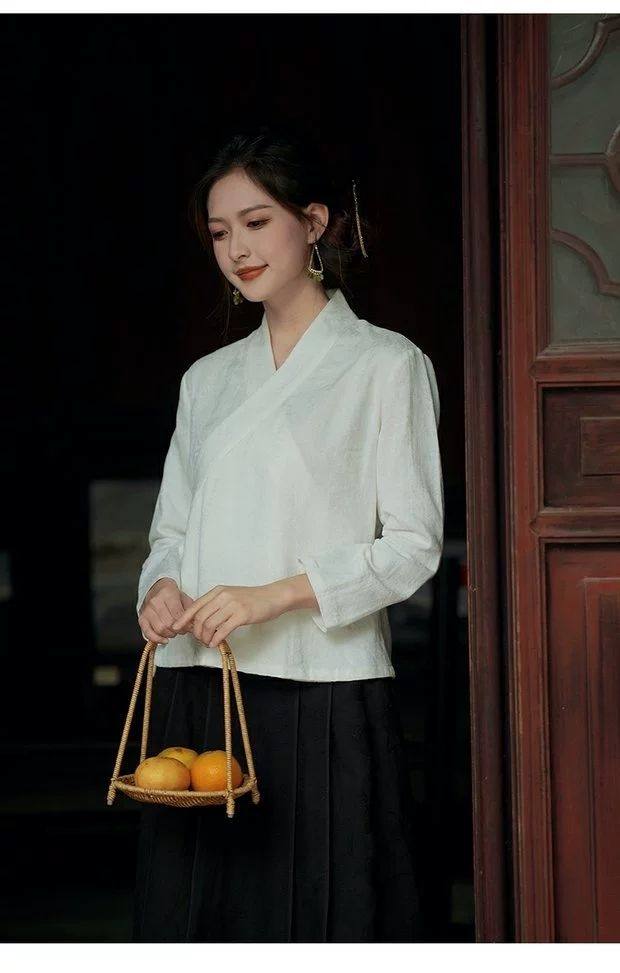 秋冬禅意交领汉服改良文艺复古中式打底衫茶服大码300斤唐装上衣