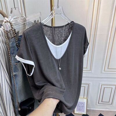 假两件短袖上衣女士夏季正肩显瘦薄款慵懒风大码300斤宽松拼接T恤