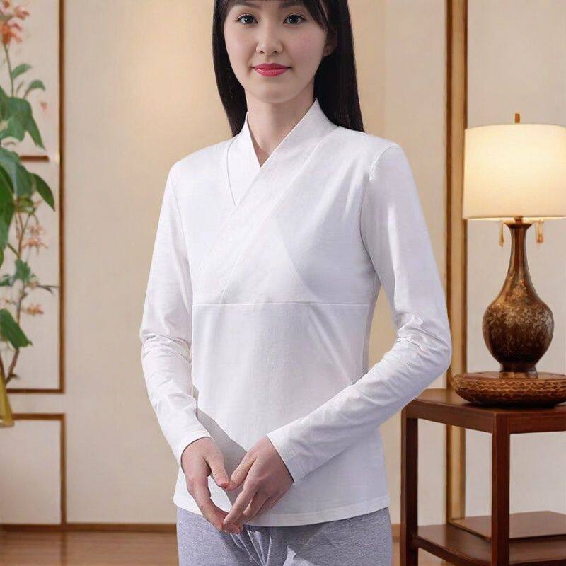 新中式上衣改良汉服内搭交叉领长袖双面德绒保暖打底衫大码300斤