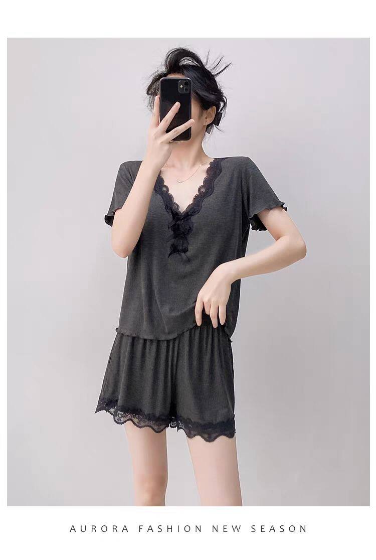 冰丝夏季蕾丝花边家居服短袖短裤套装可外穿v领性感睡衣大码300斤