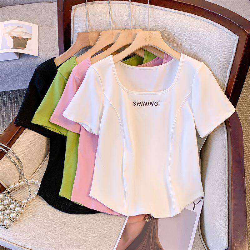 300斤大码女装夏季新款胖mm遮肚子上衣藏肉设计感鱼骨方领短袖T恤