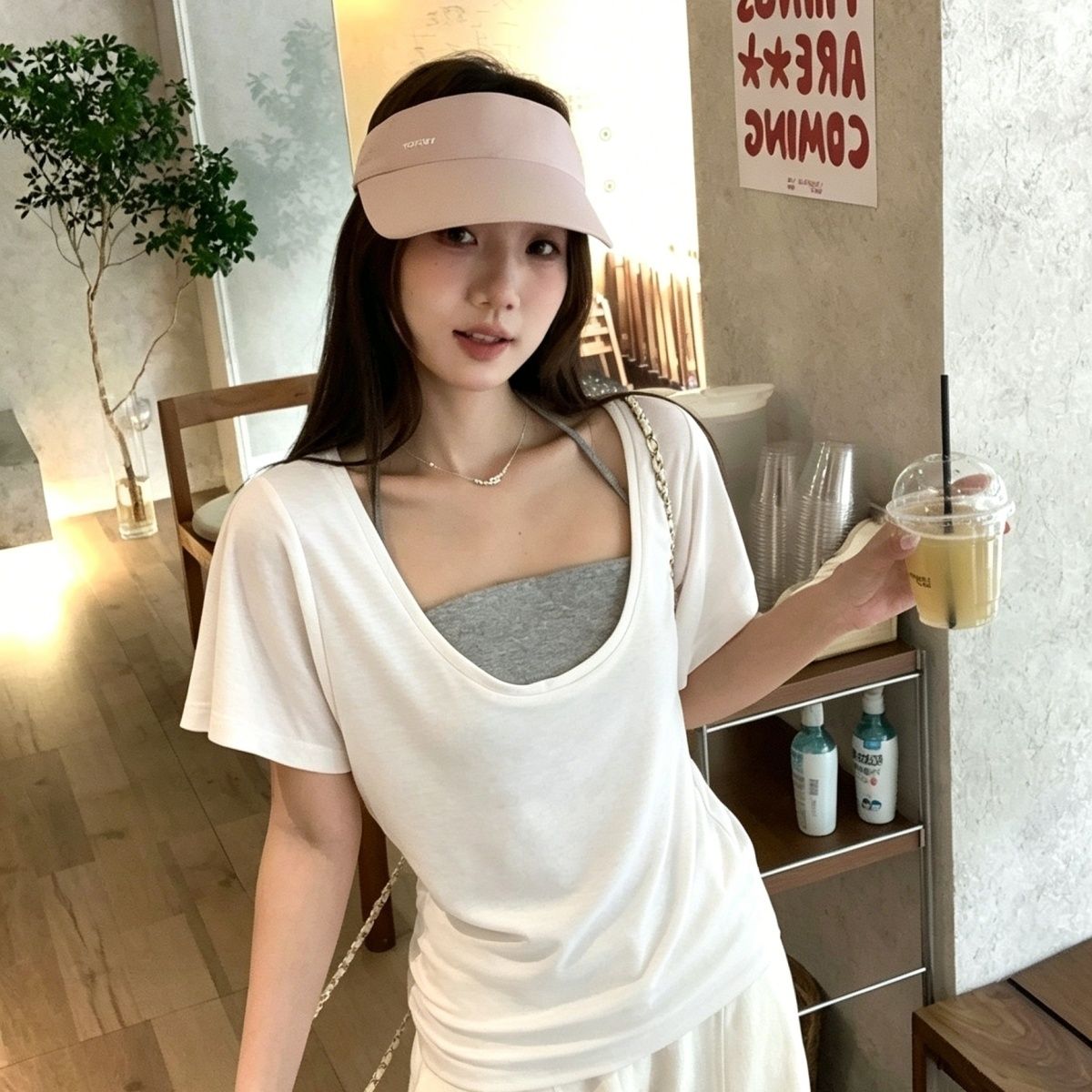 韩系松弛慵懒风夏季U领防晒短袖t恤减龄显瘦上衣休闲百搭罩衫大码