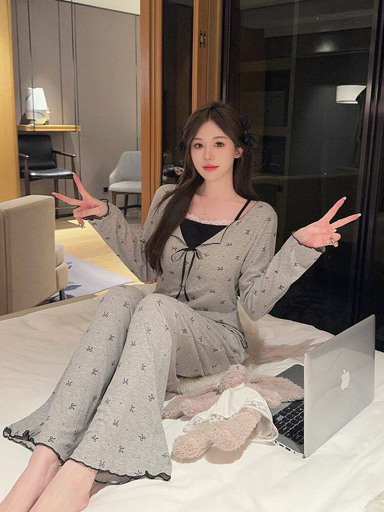 大码300斤睡衣女春秋季冰丝长袖长裤两件套装蝴蝶结可外穿家居服