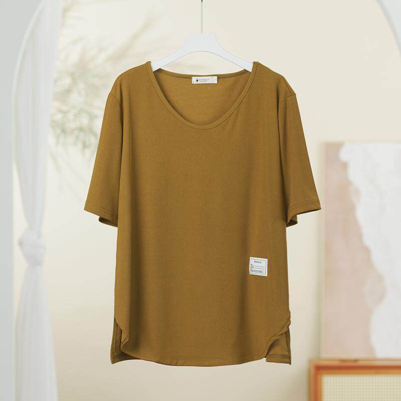 大码300斤女装胖mm冰丝夏季开叉贴布宽松显瘦百搭短袖T恤休闲上衣