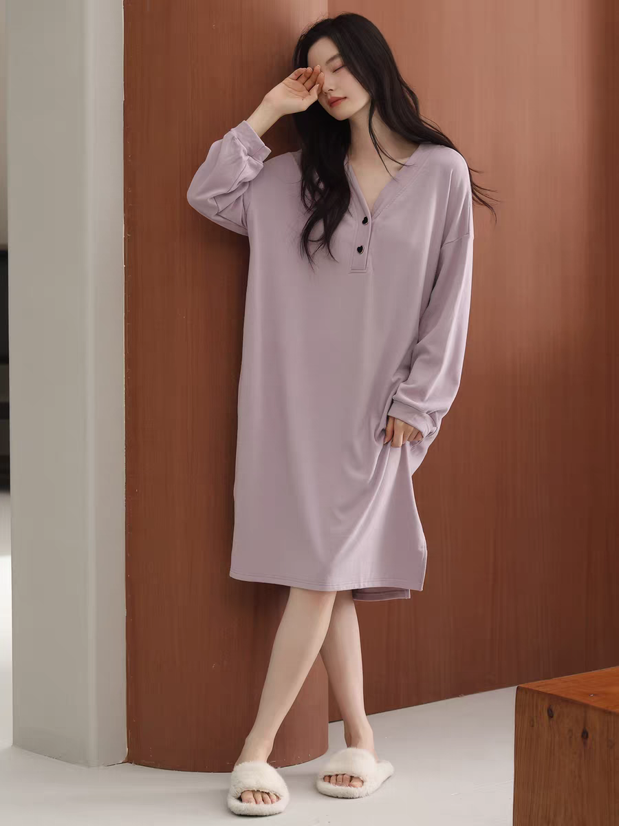 秋冬季双面加厚德绒保暖无领睡裙女中长款裙子柔软睡衣家居服大码