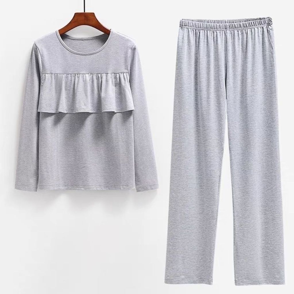 春秋家居服胸前双层荷叶边遮胸防凸点长袖长裤睡衣套装大码300斤