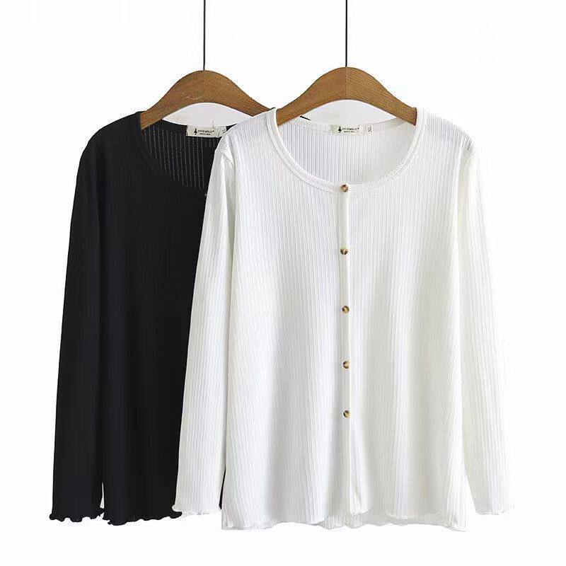 胖mm大码300斤宽松长袖套头t恤女装春秋季百搭纽扣装饰上衣打底衫