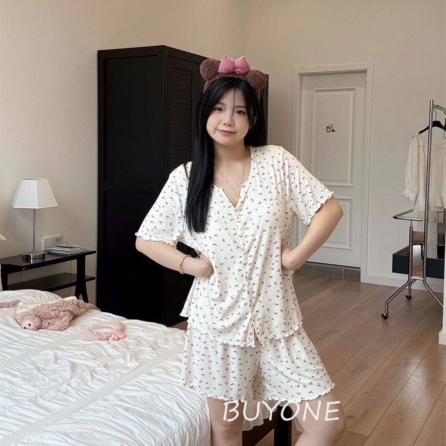 大码睡衣女夏季胖MM300斤短袖短裤套装小樱桃印花休闲减龄家居服