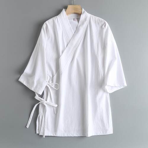 中国风交领汉服茶禅服纯色休闲夏季男女士系带短袖上衣大码300斤