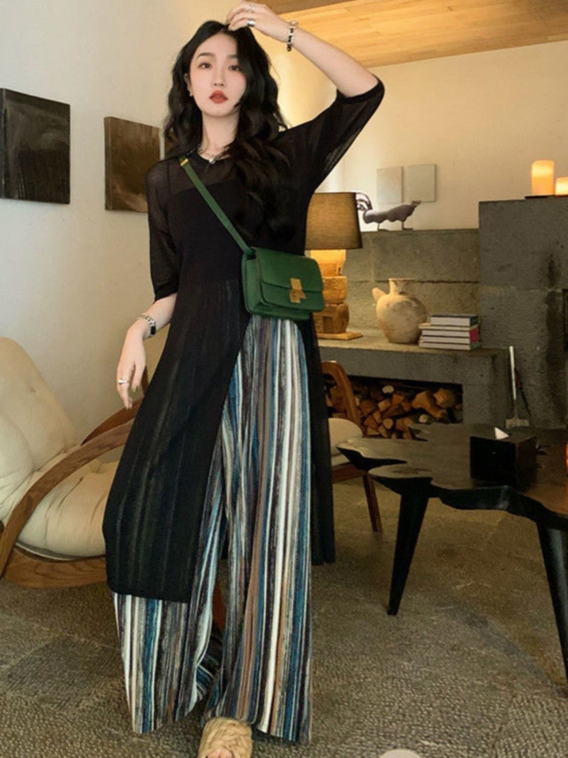 胖MM大码300斤复古开叉中袖防晒罩衫中长款T恤女夏季设计感空调衫