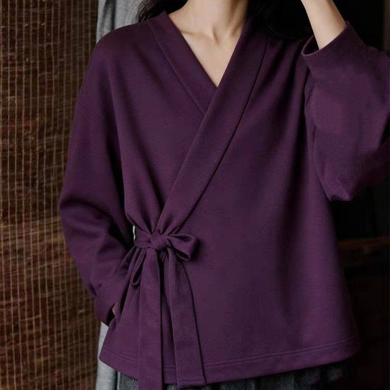 新中式茶禅服交领绑带一片式长袖德绒上衣汉服中衣秋冬季紫色大码