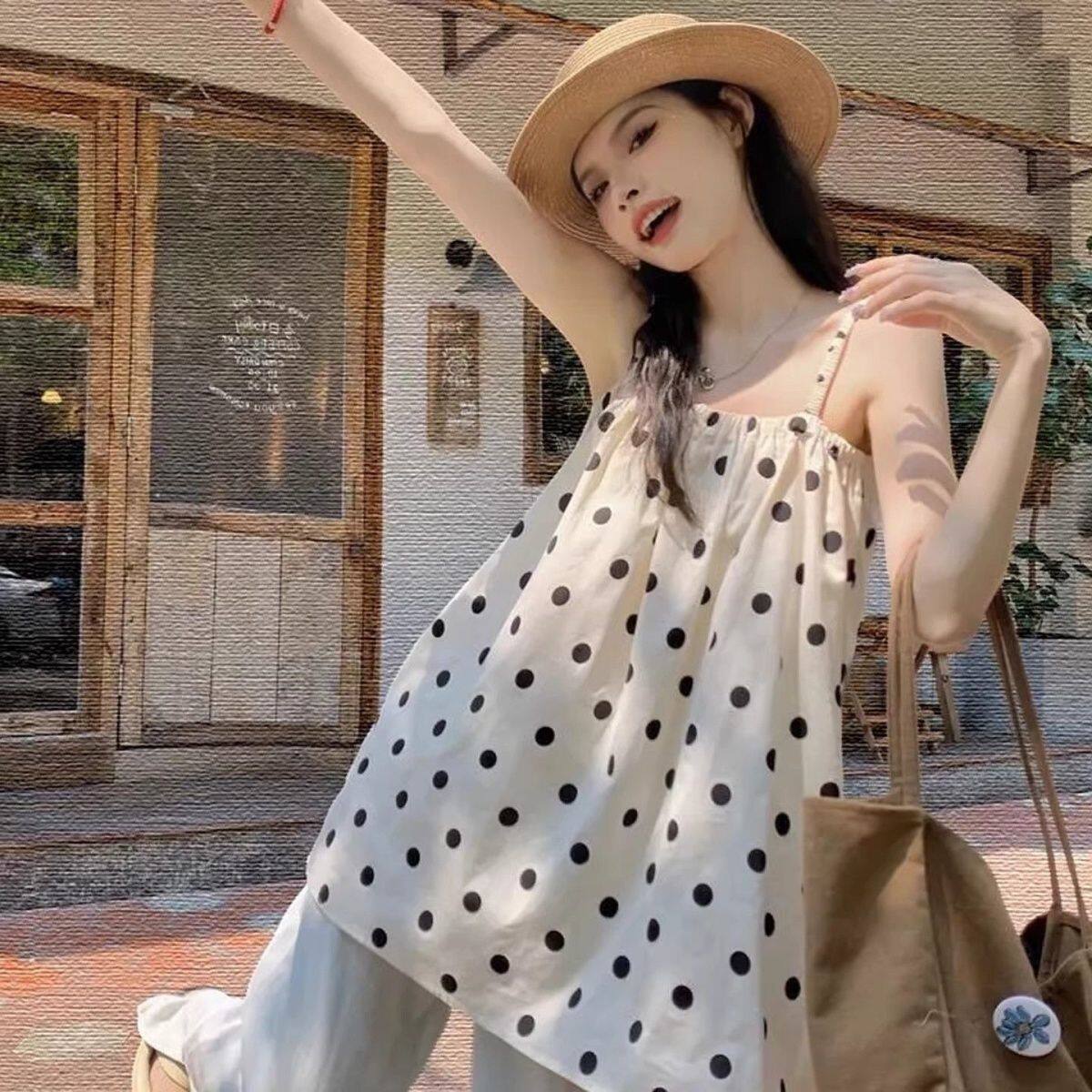 女夏季新款大码胖mm波点吊带宽松背心显瘦上衣百搭无袖性感甜美风