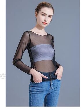 黑色网纱长袖打底衫女春夏透明薄款纱衣洋气内搭T恤上衣大码300斤