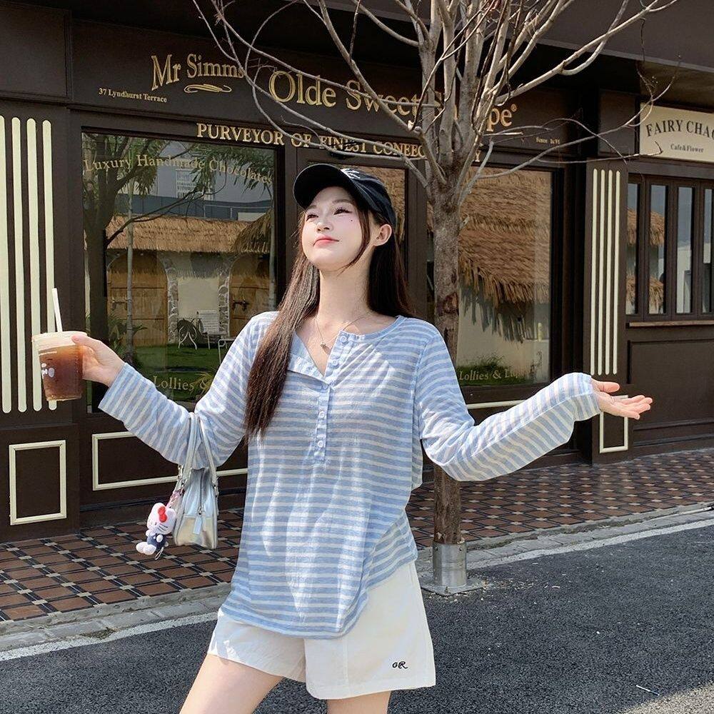 韩系慵懒风蓝色条纹长袖防晒罩衫春夏季长袖T恤女装大码休闲上衣