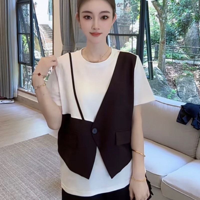 2026夏季韩系时尚简约马甲设计假两件新款女士t恤短袖遮肚子大码