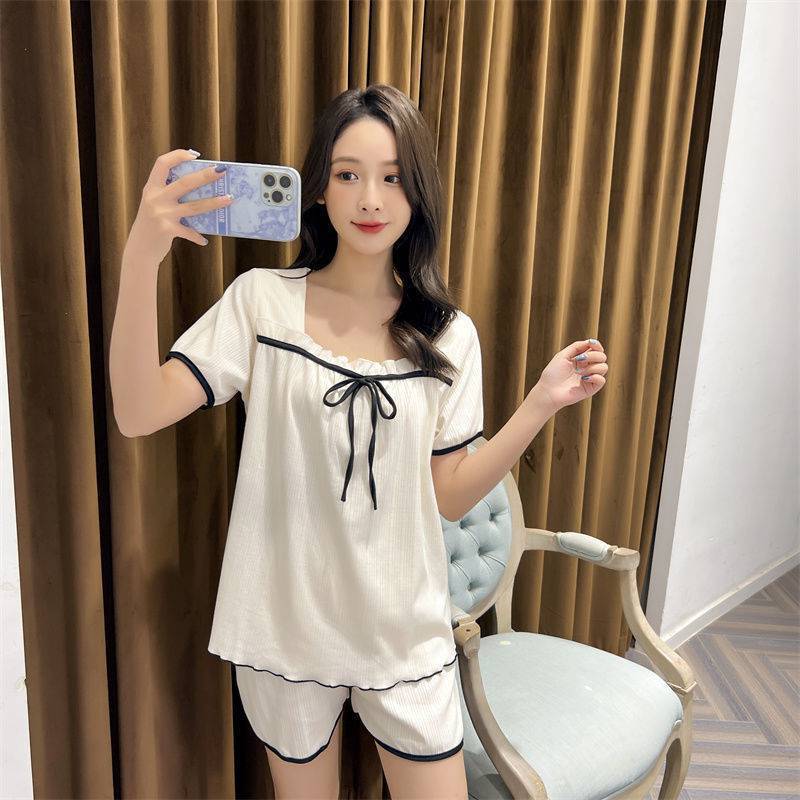 胖MM清新蝴蝶结公主网红风睡衣女夏2024新款大码宽松短袖短裤套装
