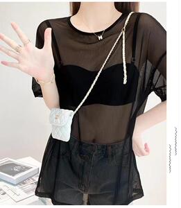 大码300斤黑色网纱短袖T恤女夏季中长款外搭防晒罩衫透视镂空上衣