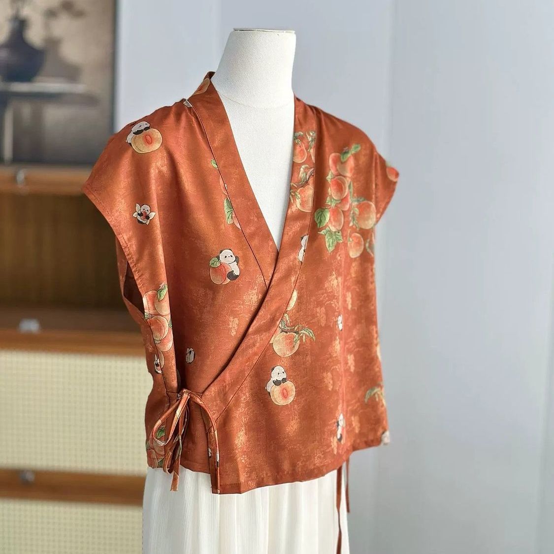 大码女装300斤新中式国风系带无袖印花V领交叉领宽松斜襟禅意茶服