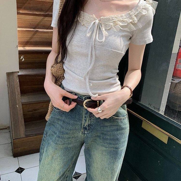 法式蕾丝花边系带短袖T恤女夏季设计感小众打底衫蝴蝶结上衣大码