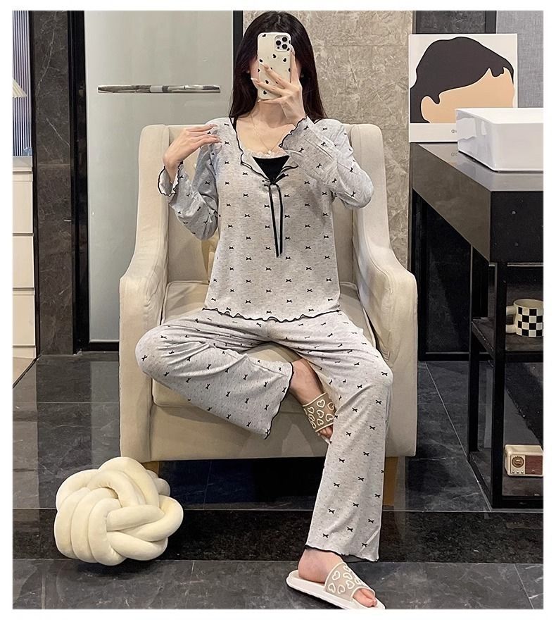 2025女夏季吊带假两件长袖长裤套装灰色蝴蝶结印花睡衣可外穿大码