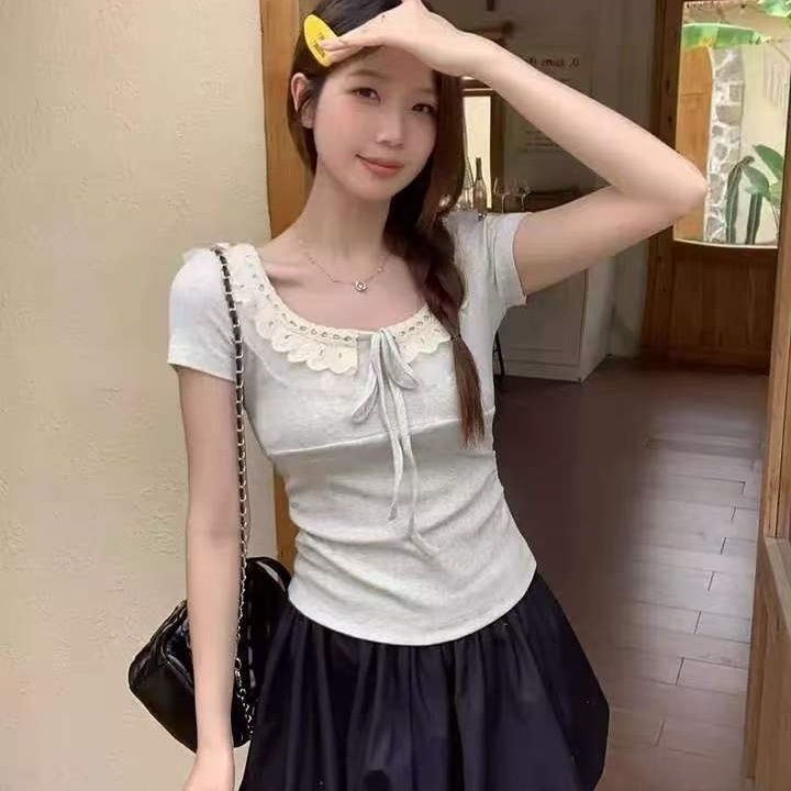 甜美蕾丝花边2026夏季拼接短袖T恤宽松大码绝美系带收腰显瘦上衣