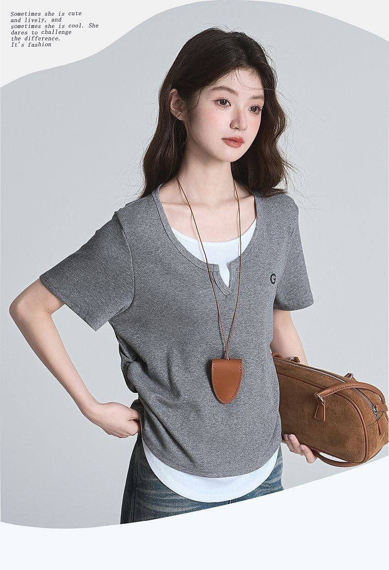 大码300斤正肩短袖假两件拼接T恤女装夏季基础款简约显瘦时尚上衣