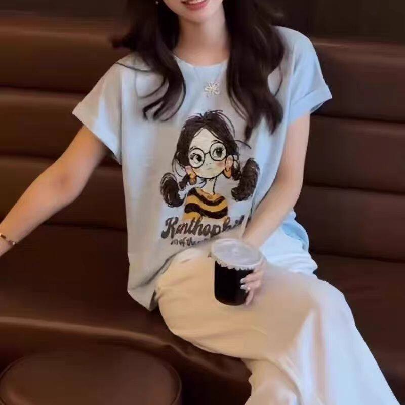 大码300斤女装卡通女孩印花短袖t恤夏季新款胖mm显瘦宽松减龄上衣