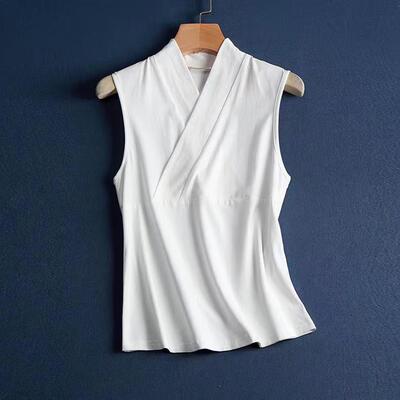 大码300斤汉服内搭打底衫无袖背心上衣女中式复古交叉领禅服T恤