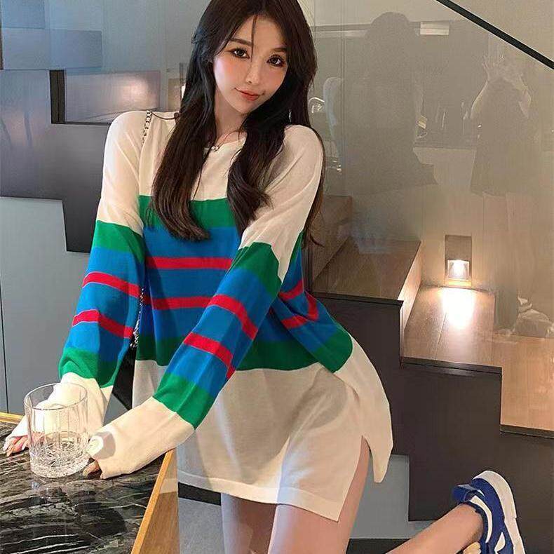 300斤条纹冰丝圆领防晒罩衫女轻薄慵懒风外穿休闲中长款t恤上衣夏