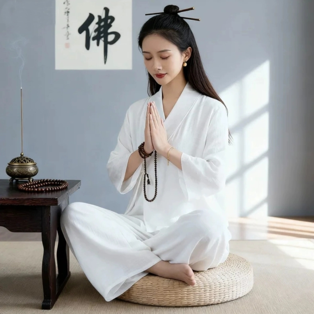 禅修服女士白色仙气冥想疗愈师服打坐拜佛素衣禅意佛系居士服大码