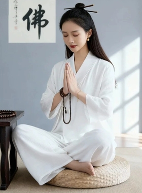 禅修服女士白色仙气冥想疗愈师服打坐拜佛素衣禅意佛系居士服大码