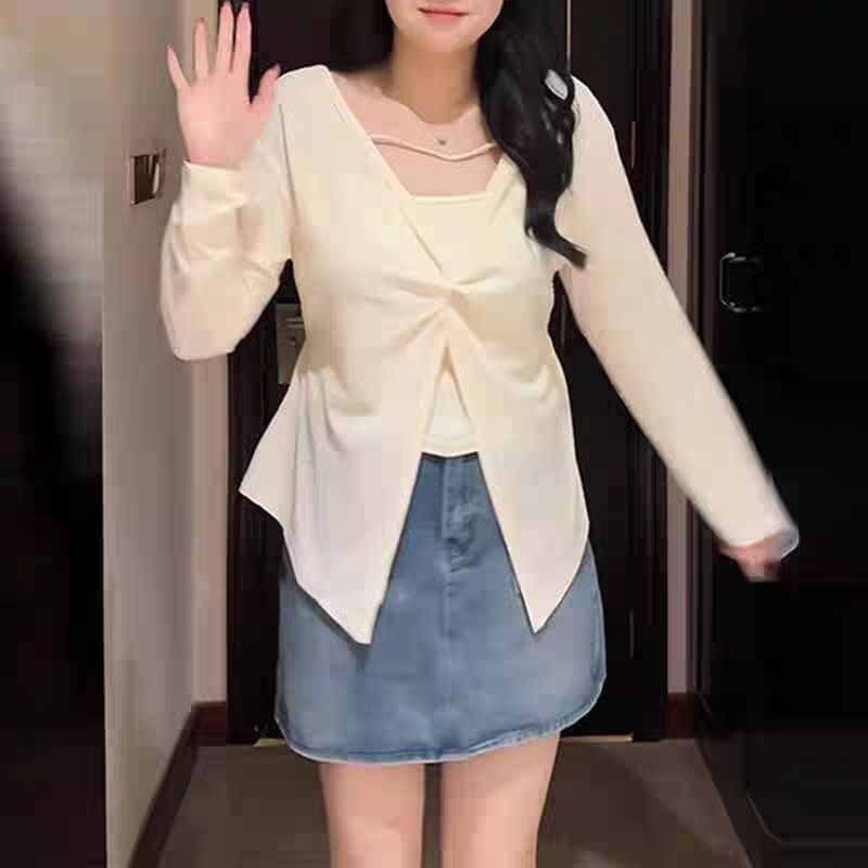 大码300斤设计感长袖T恤女春夏秋胖mm显瘦遮肉套装防晒衫上衣单件