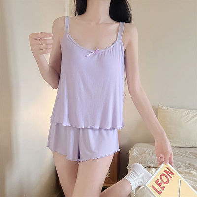 胖mm吊带短裤睡衣套装女夏季冰丝凉感甜美纯欲风家居服大码300斤