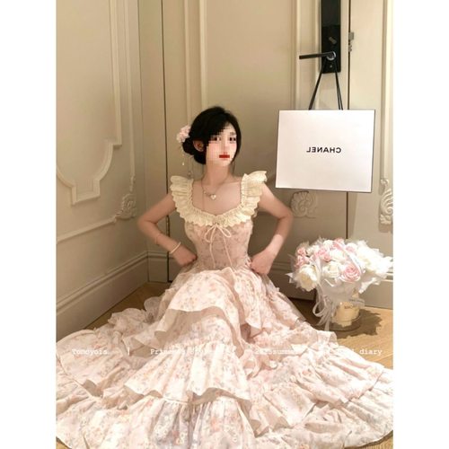 盛夏樱织花翎 甜美小飞袖温柔碎花收腰公主连衣长裙网纱绣花