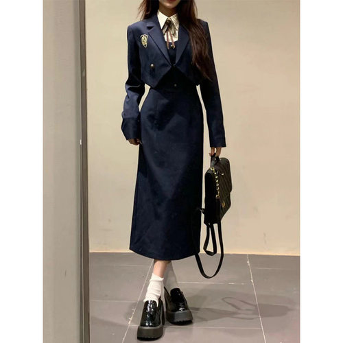 七颗虾滑【曼哈顿女校】美式学院掐腰显瘦背带连衣长裙西装短外套