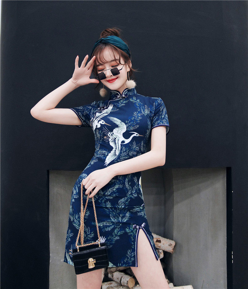2023春夏新款仙鹤前开叉四面弹短款旗袍时尚气质显瘦淑女旗袍