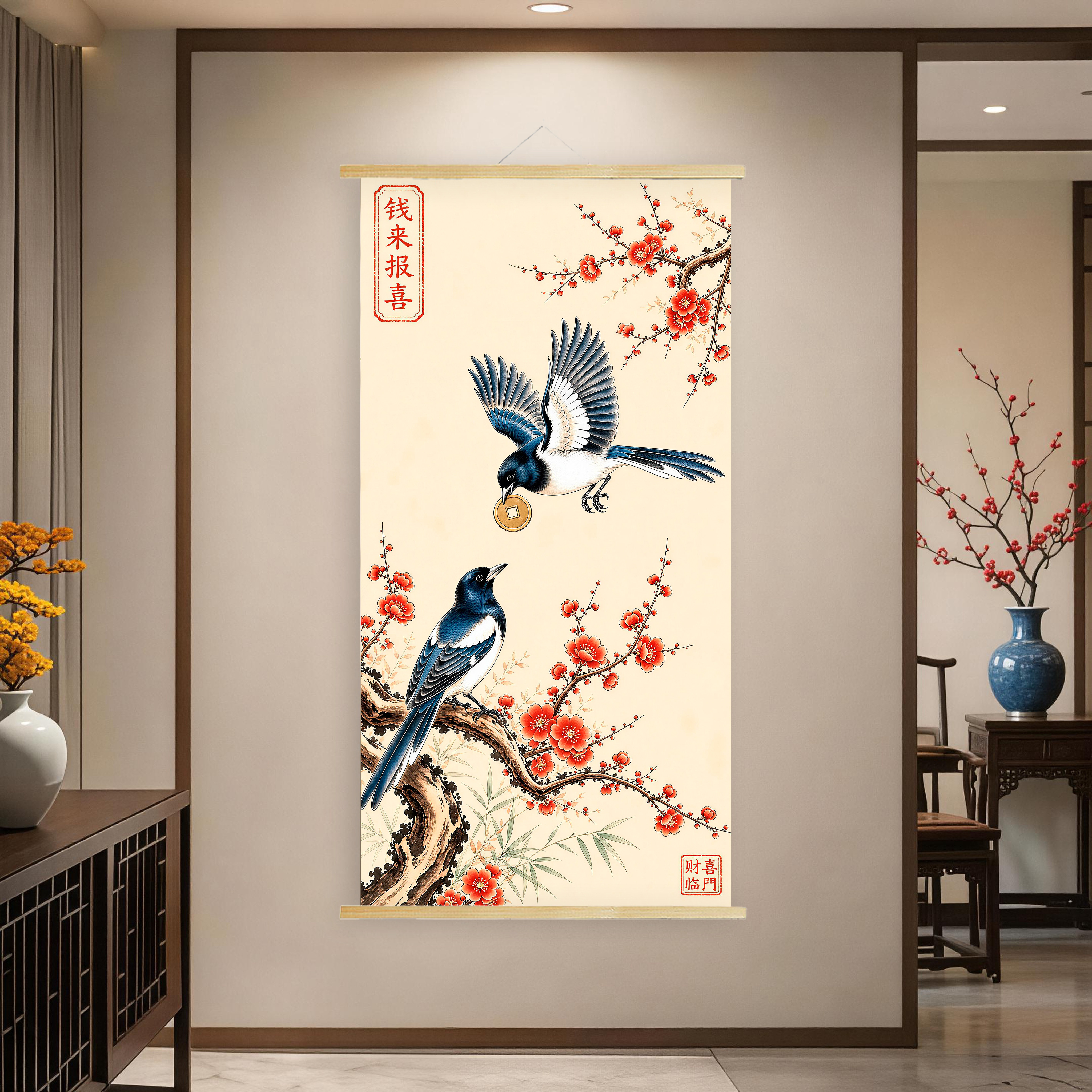 钱来报喜新中式卷轴挂画