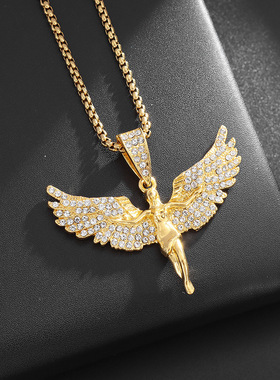 欧美满钻堕落天使吊坠女神展翅立体百搭羽毛说唱嘻哈潮男女毛衣链