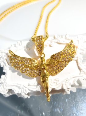 欧美跨境饰品复古中性风金色镶钻天使翅膀男女说唱嘻哈项链