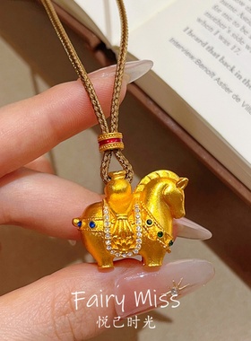 新中式金色小马拓古币吊坠绳项链