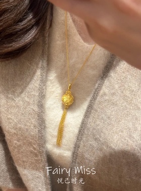 牡丹花球古法黄金色拉丝流苏项链