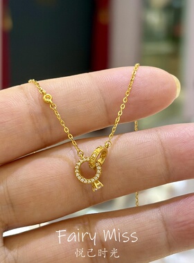轻奢小众金色镶钻环扣吊坠锁骨链