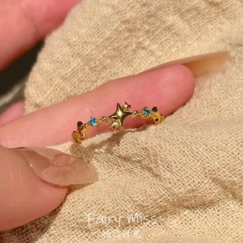 金色细圈星星彩钻开口戒指百搭