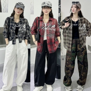 夏季新款曳步舞运动套装女网红同款短袖红色格子衬衫广场舞队服