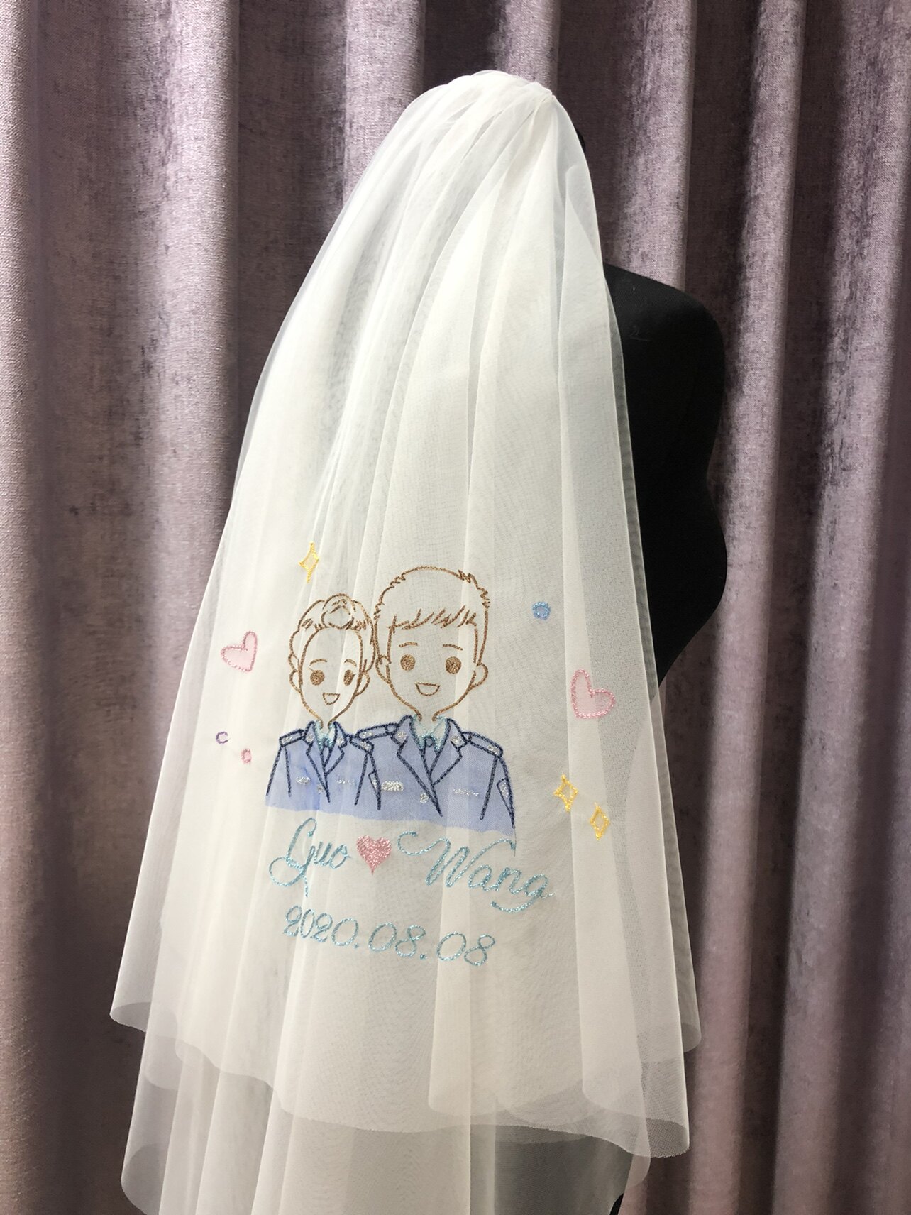 新娘结婚头纱个性定制人像刺绣双层遮面头饰求婚旅拍领证礼物礼盒