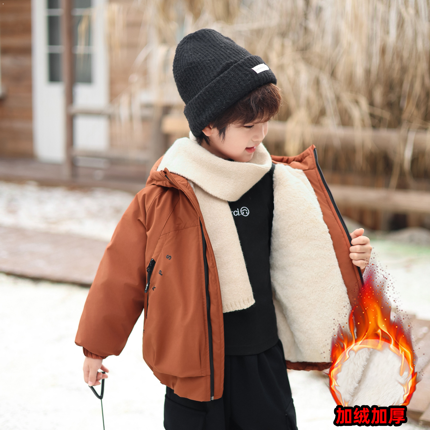 男童加绒外套儿童加厚派克服秋冬季2025新款痞帅防风男宝冬装棉服