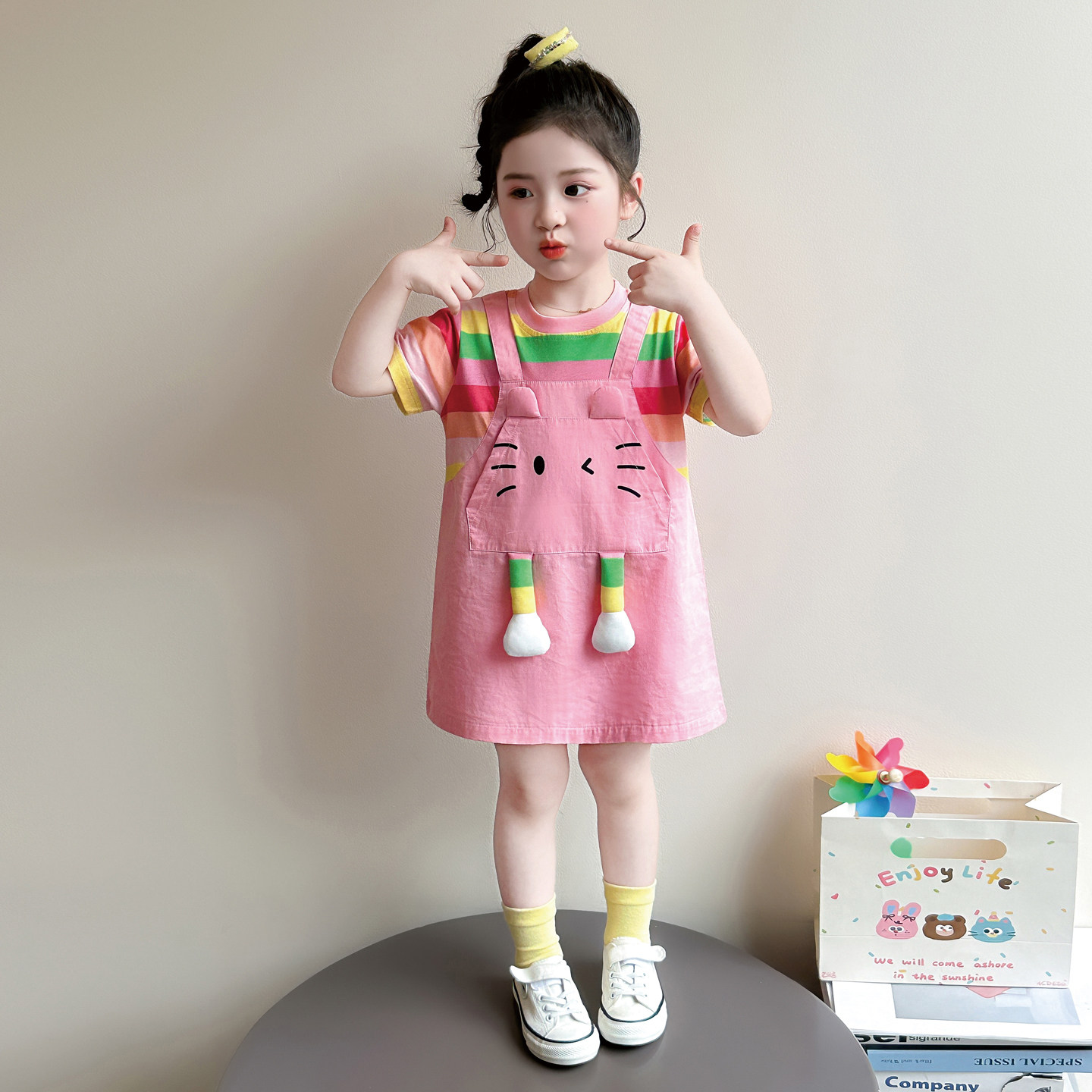 女童连衣裙夏季2026新款儿童短袖夏装裙子女宝宝条纹假两件背带裙