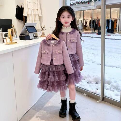 女童小香风外套2025新款儿童洋气连衣裙冬装女孩加厚背心裙三件套
